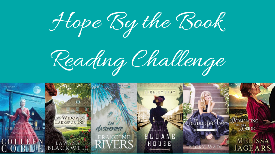 Hope By the Book Reading Challenge post title and book covers of Blue Moon Promise, The Masterpiece, Secrets of Sloane House, Falling for You, and A Bound Heart