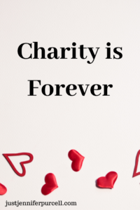 Charity is Forever pinterest image with hearts on background