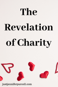 The Revelation of Charity pin image with heart background