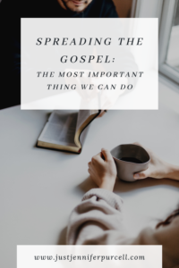Spreading the Gospel Pinterest pin with man holding Bible and woman holding coffee cup
